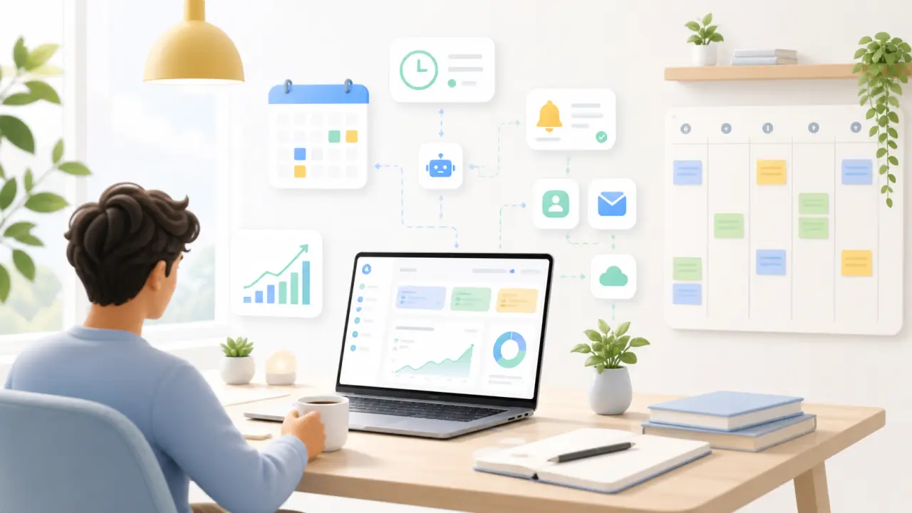Interface SaaS moderne en grille Bento avec calendrier, graphiques et tâches terminées