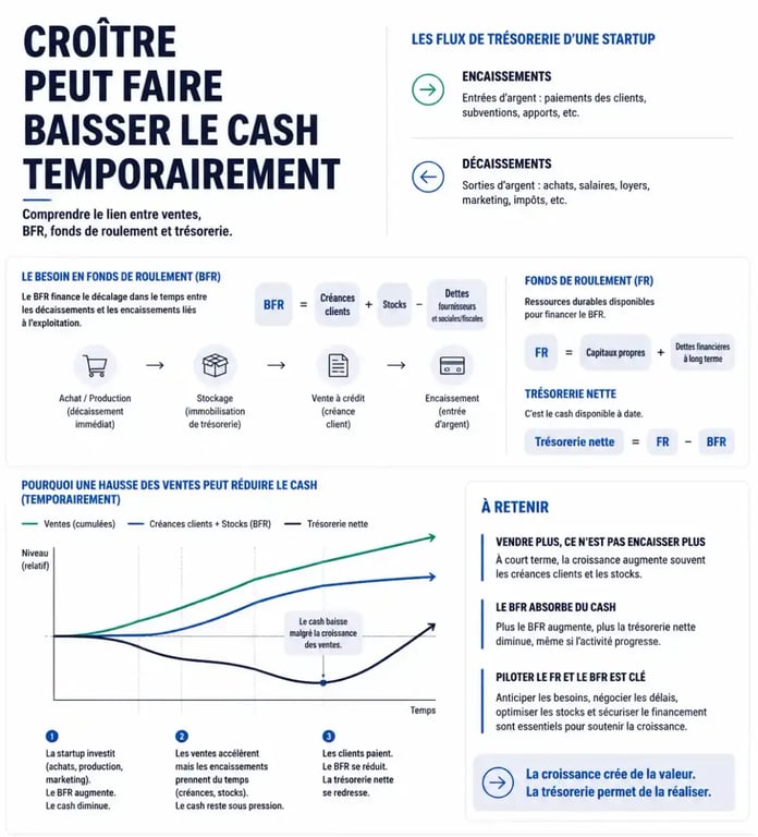 Infographie sur comment optimiser la gestion de trésorerie d'une jeune startup avec le BFR, les encaissements et les décaissements