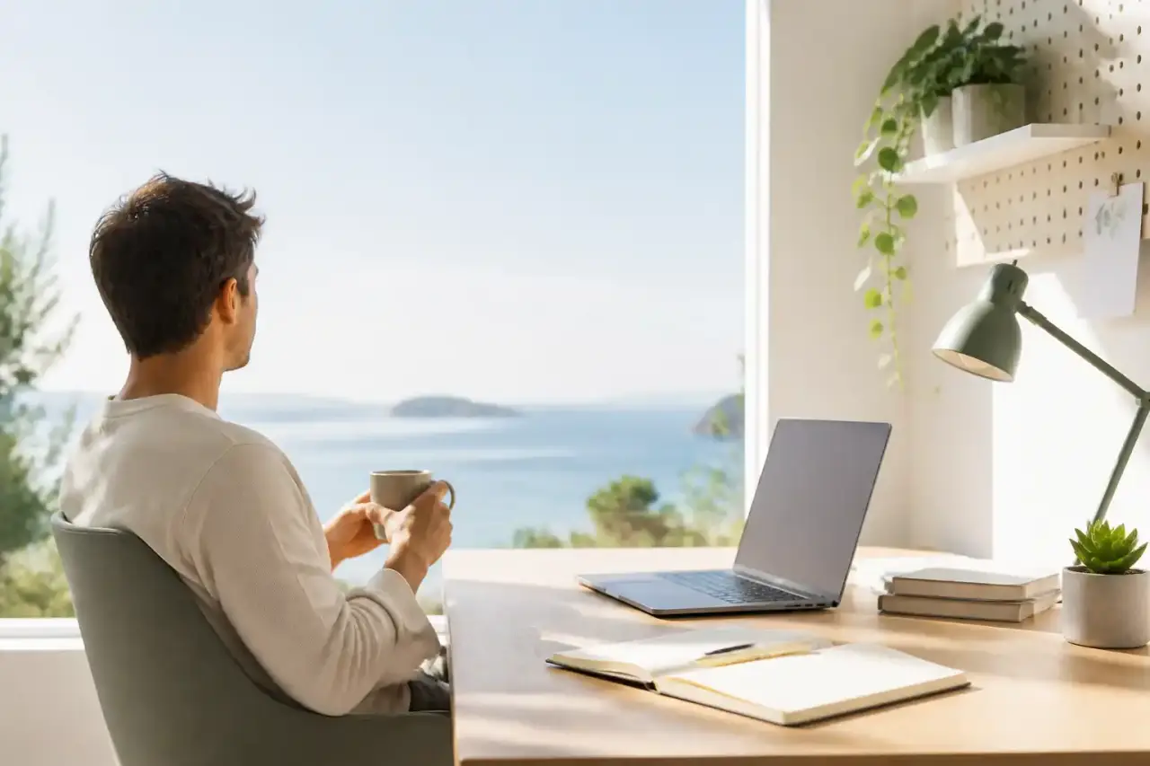 Espace de travail épuré et minimaliste d'un solopreneur, symbolisant le calme et l'organisation