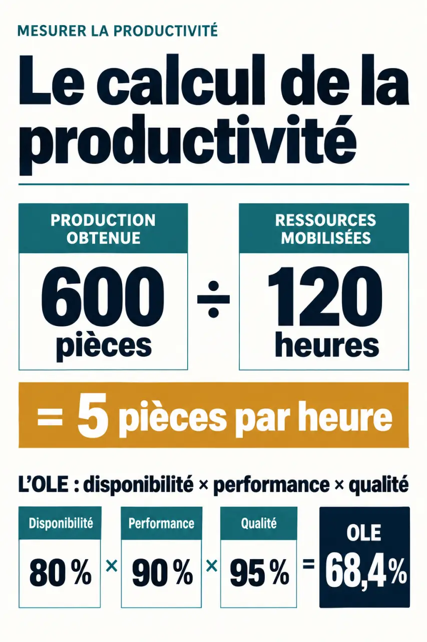 Infographie sur le calcul productivité, la formule production par ressources et la décomposition de l’OLE