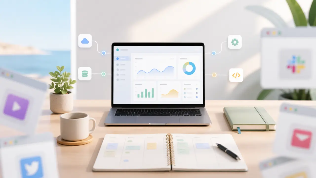 Interface SaaS moderne en grille bento, avec calendrier, tâches et indicateurs de productivité