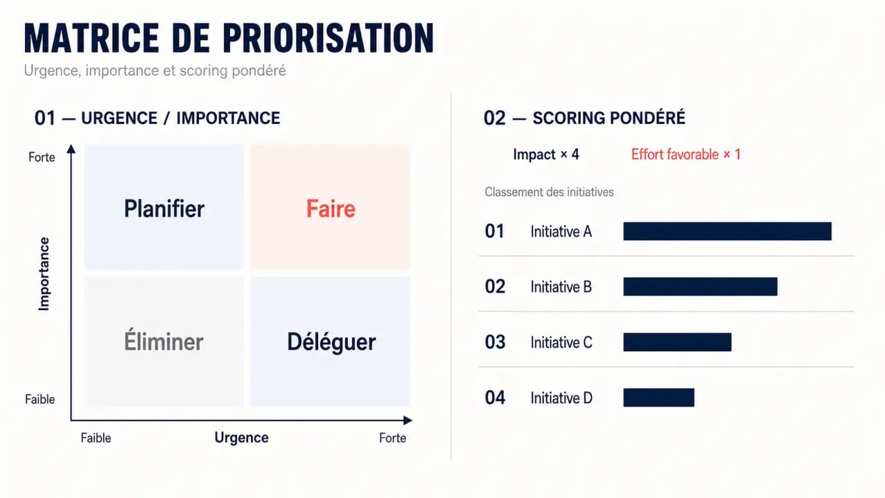 Matrice de priorisation avec quadrants urgence importance et exemple de scoring pondéré