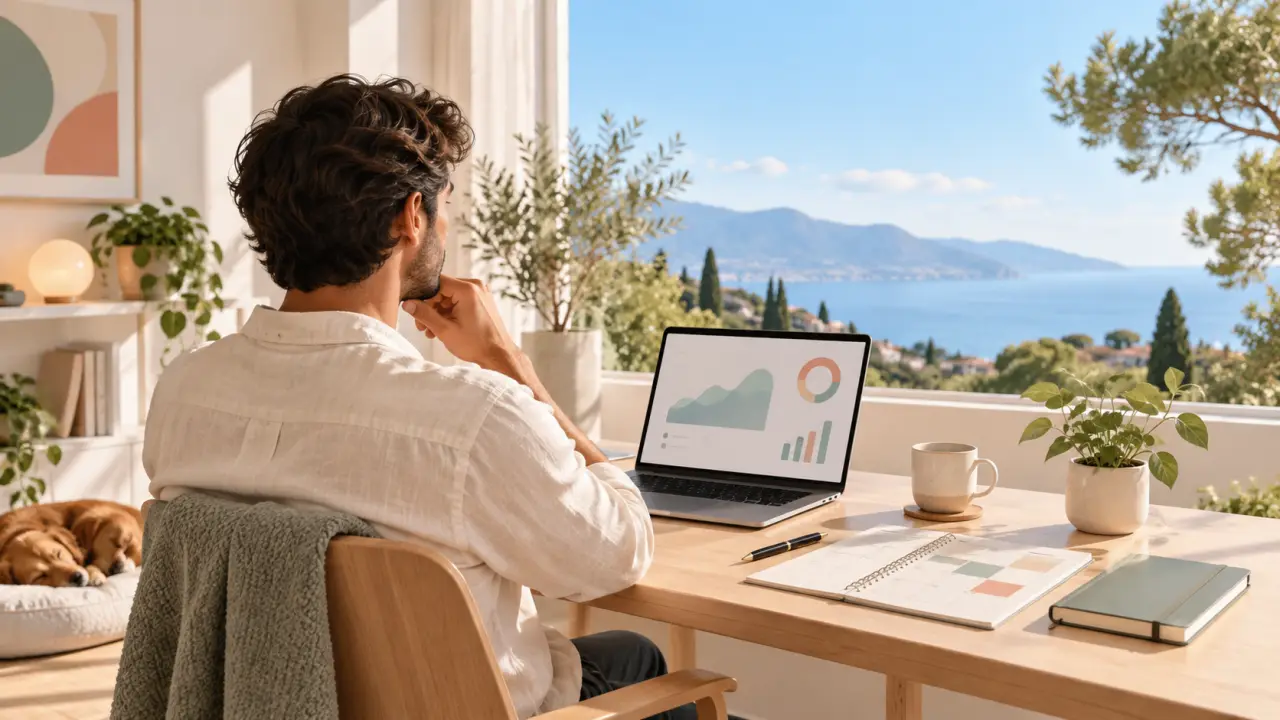 Interface de productivité minimaliste pour entrepreneur solo, organisée en blocs clairs