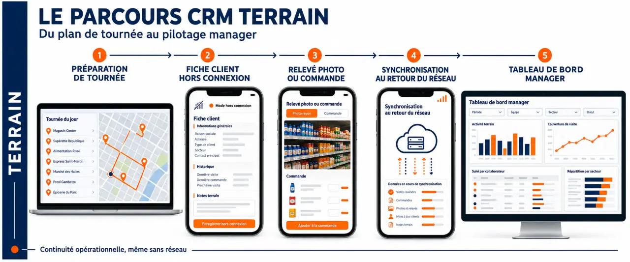 CRM force de vente : parcours entre préparation de visite, saisie hors connexion et pilotage commercial