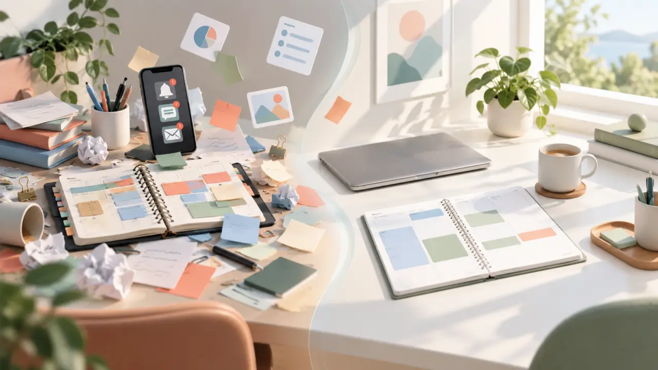 Bureau organisé avec agenda, ordinateur et planning hebdomadaire