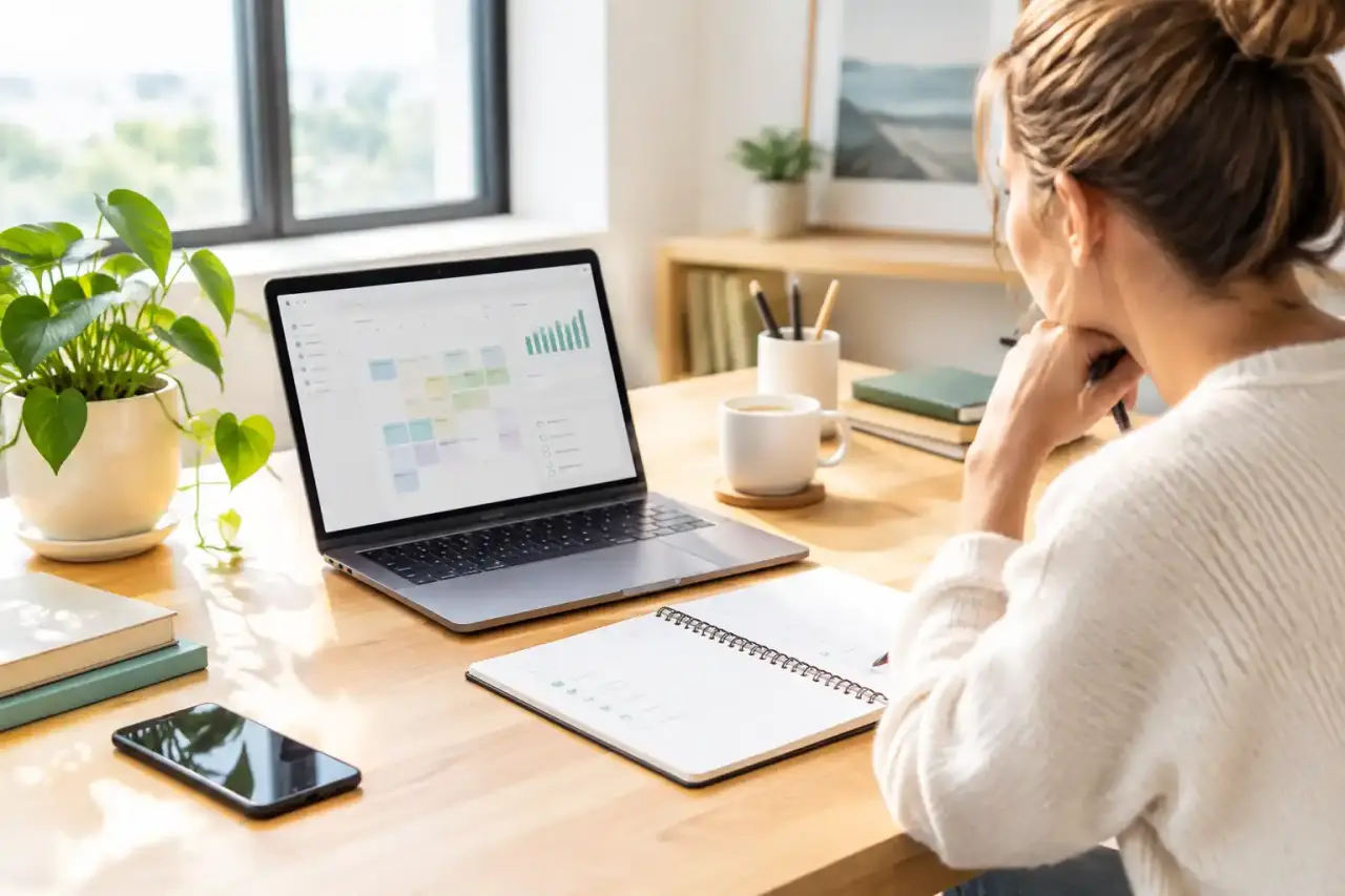 Entrepreneur indépendant organisant sa semaine devant un tableau de pilotage