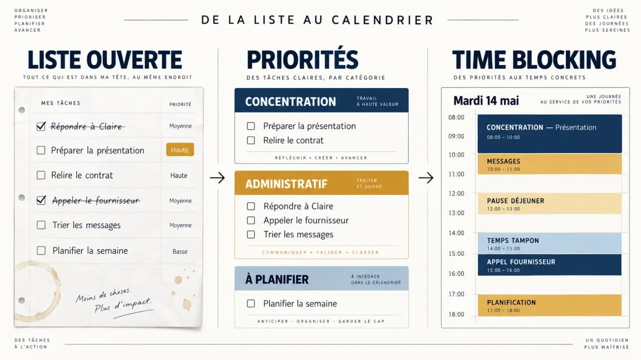 Illustration du time blocking transformant une liste de tâches en calendrier organisé