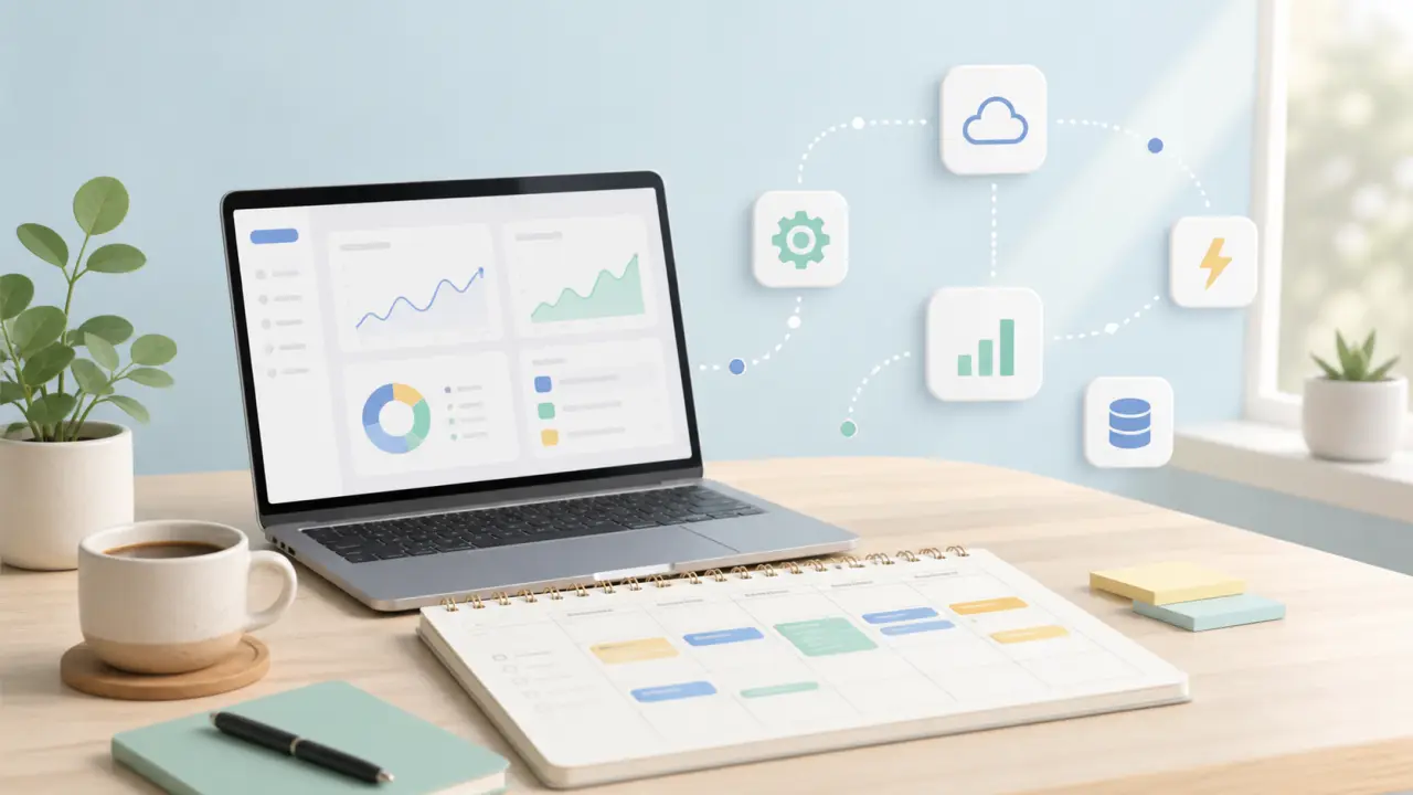 Interface SaaS moderne en grille Bento, calendrier épuré et indicateurs de productivité