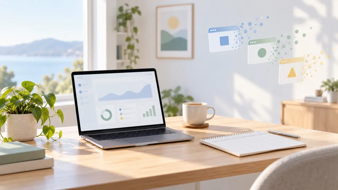 Bureau minimaliste avec un ordinateur portable et quelques outils de travail essentiels