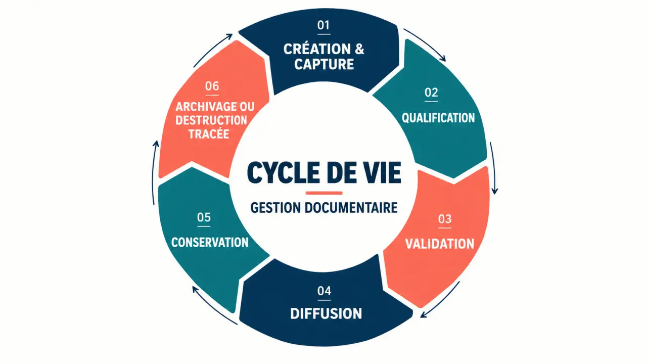 Schéma du cycle de vie en gestion documentaire, de la création à l'archivage ou la destruction