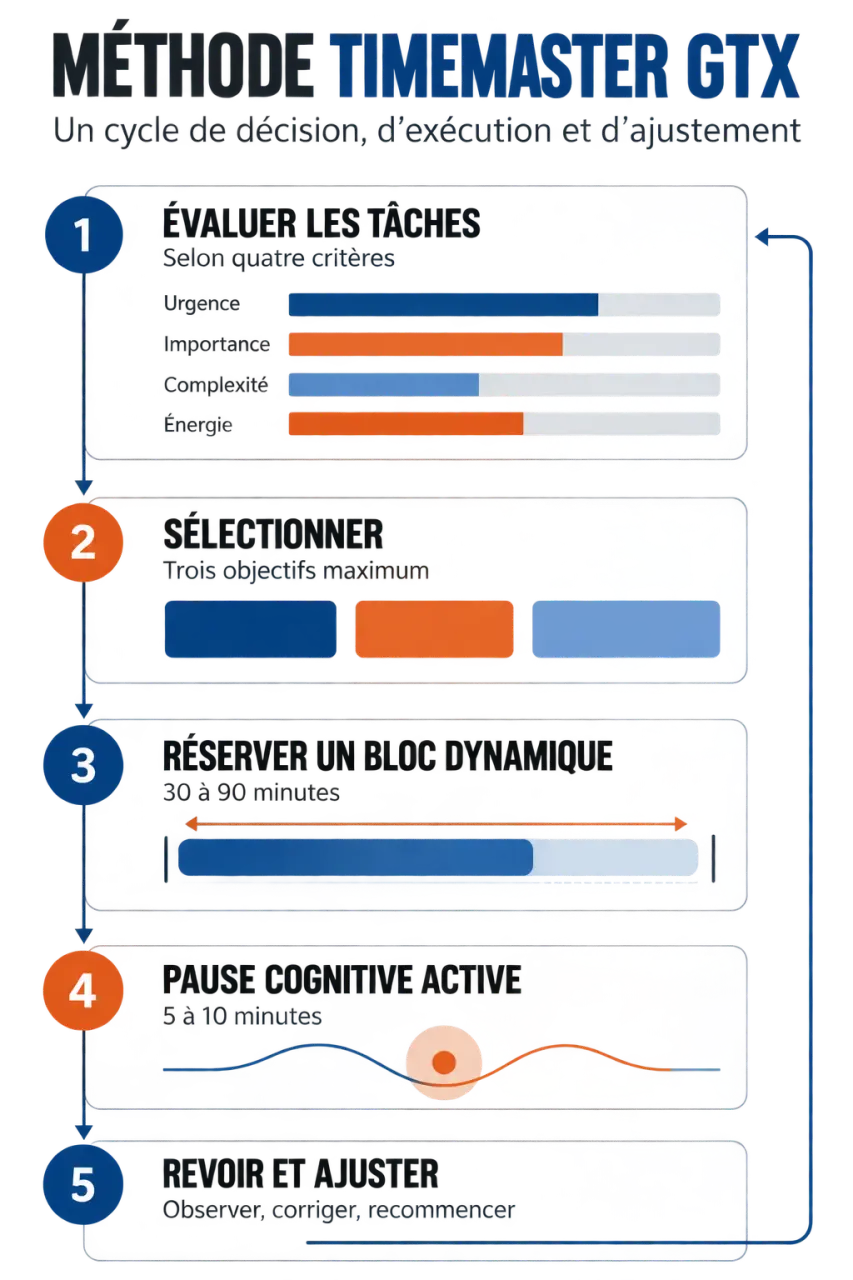 Schéma du fonctionnement de la méthode de productivité TimeMaster GTX