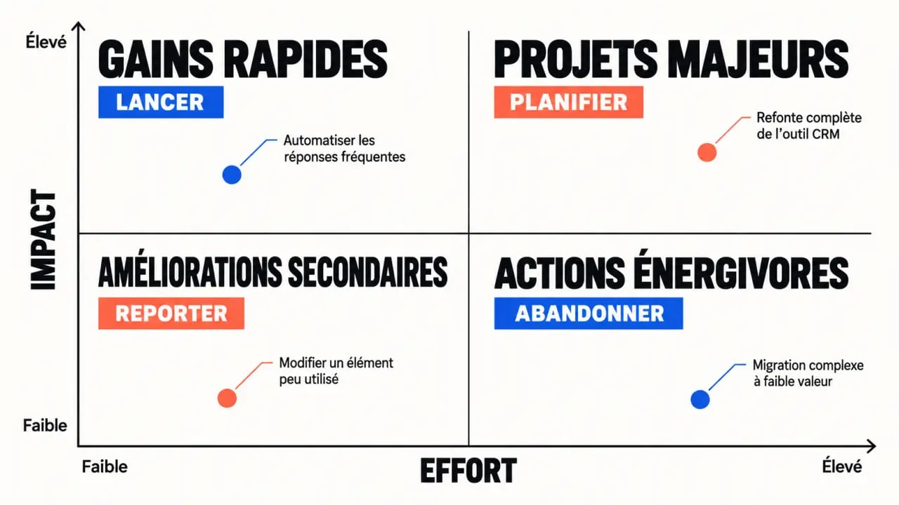Infographie de matrice effort-impact avec les quatre quadrants et les décisions de priorisation