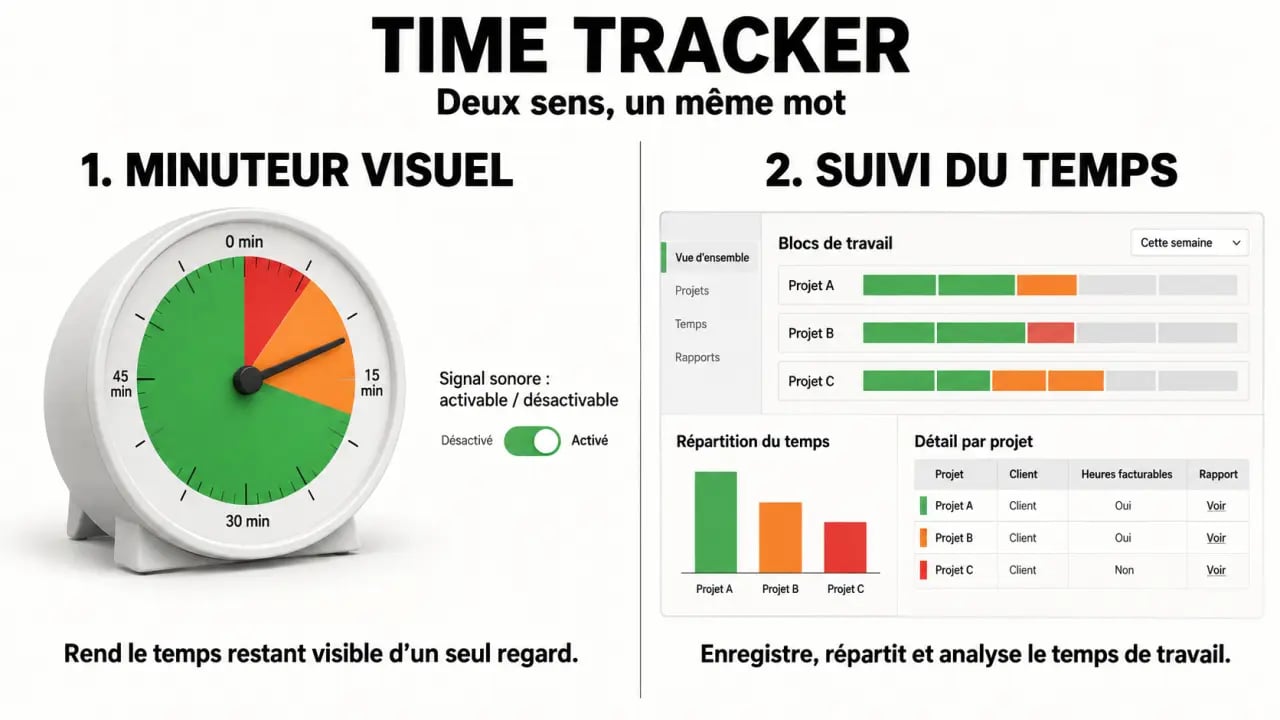 Time tracker physique et logiciel de suivi du temps comparés dans une infographie