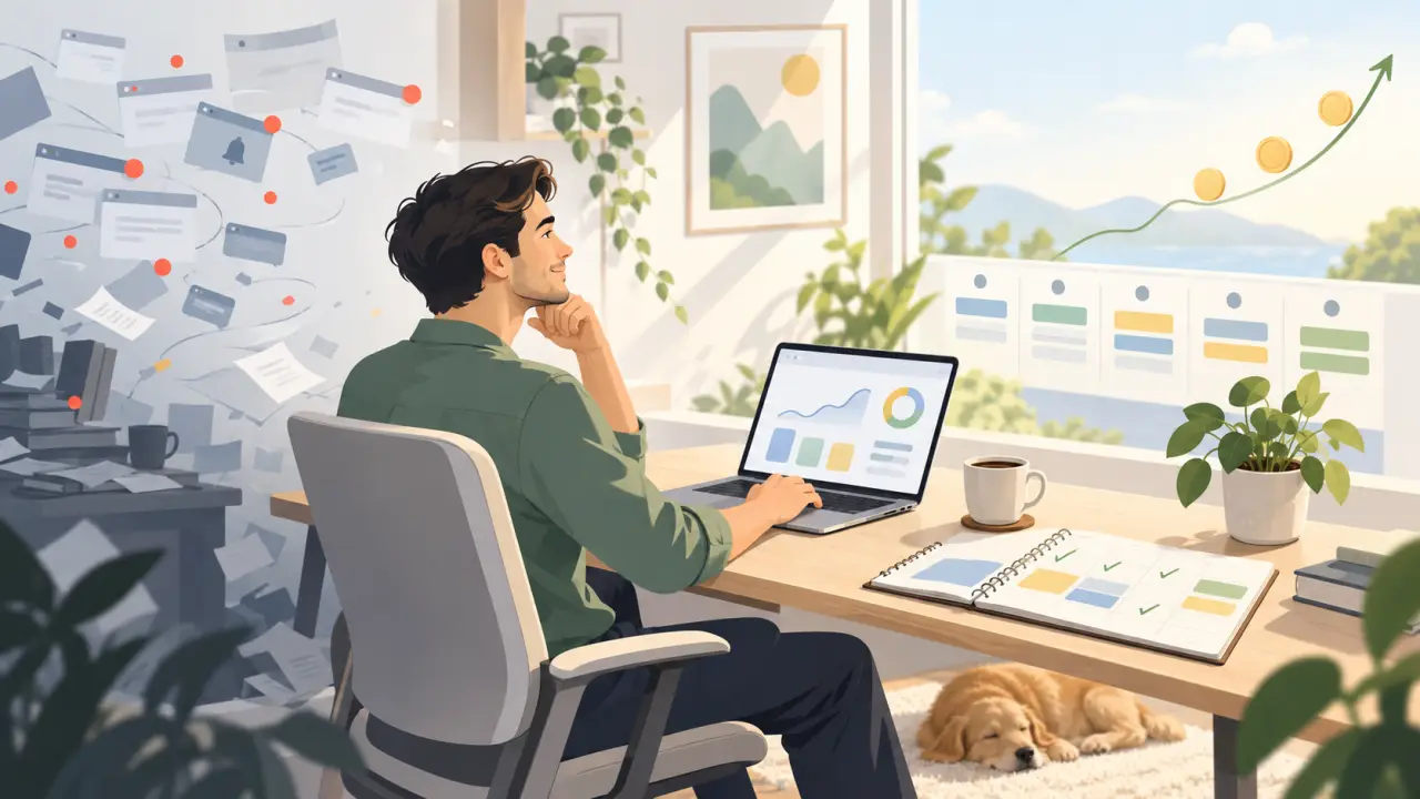 Entrepreneur préparant sereinement sa semaine de travail sur un tableau de bord épuré