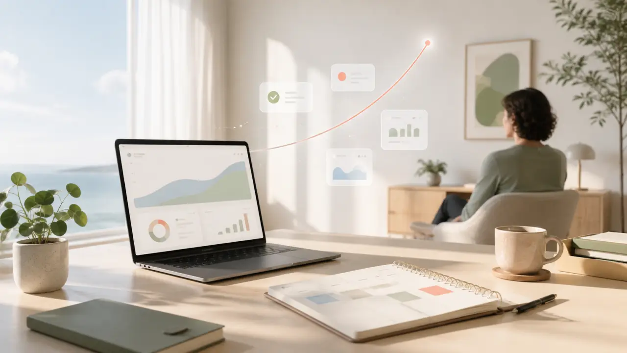 Tableau de bord SaaS organisé avec indicateurs de croissance et tâches prioritaires