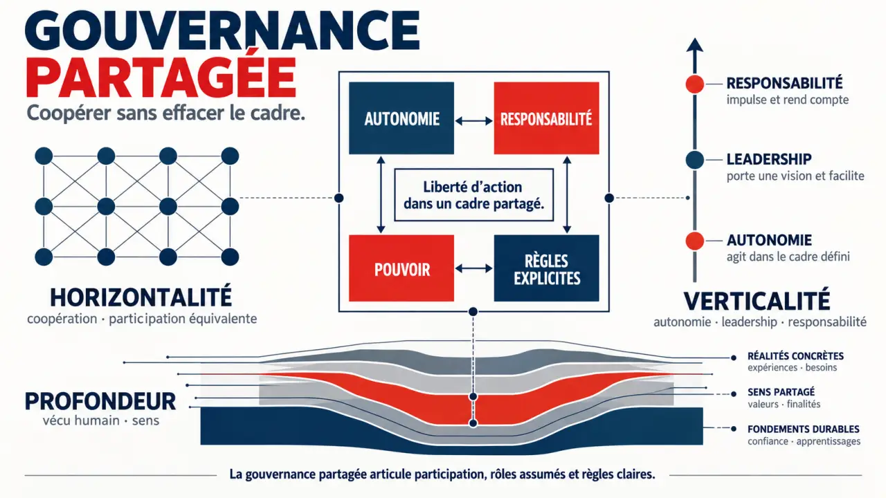 Infographie sur les trois dimensions de la gouvernance partagée : horizontalité, verticalité et profondeur