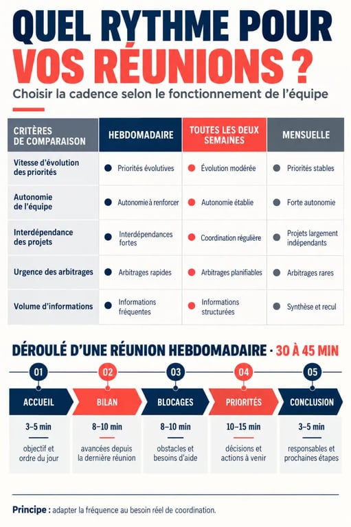 Infographie des réunions hebdomadaire comparant les fréquences et le déroulé d’un point d’équipe